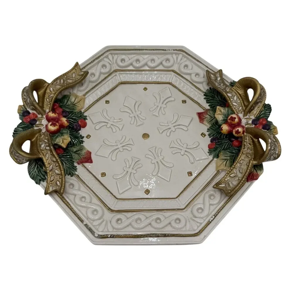 Vtg Fitz and Floyd Snowy Woods Octagon Platter/Tureen Underplate with Bows 1996
